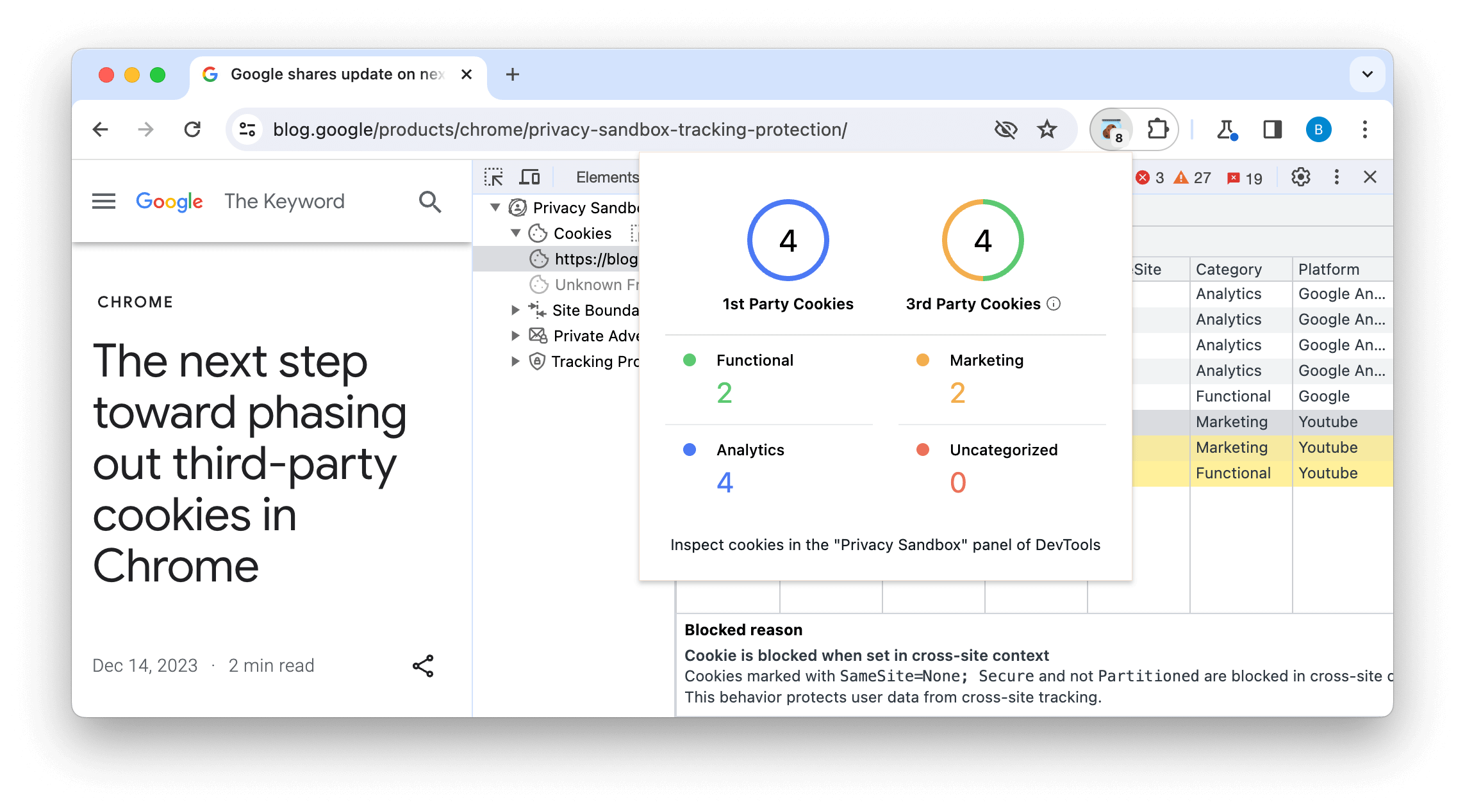 Thẻ Issues (Vấn đề) của DevTools hiển thị cảnh báo cho cookie SameSite=None.