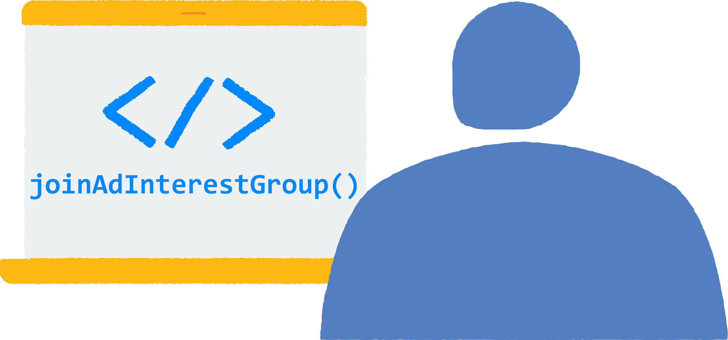 Illustration showing a person viewing a site in a browser on their laptop. JavaScript
code joinAdInterestGroup() is running in the browser.