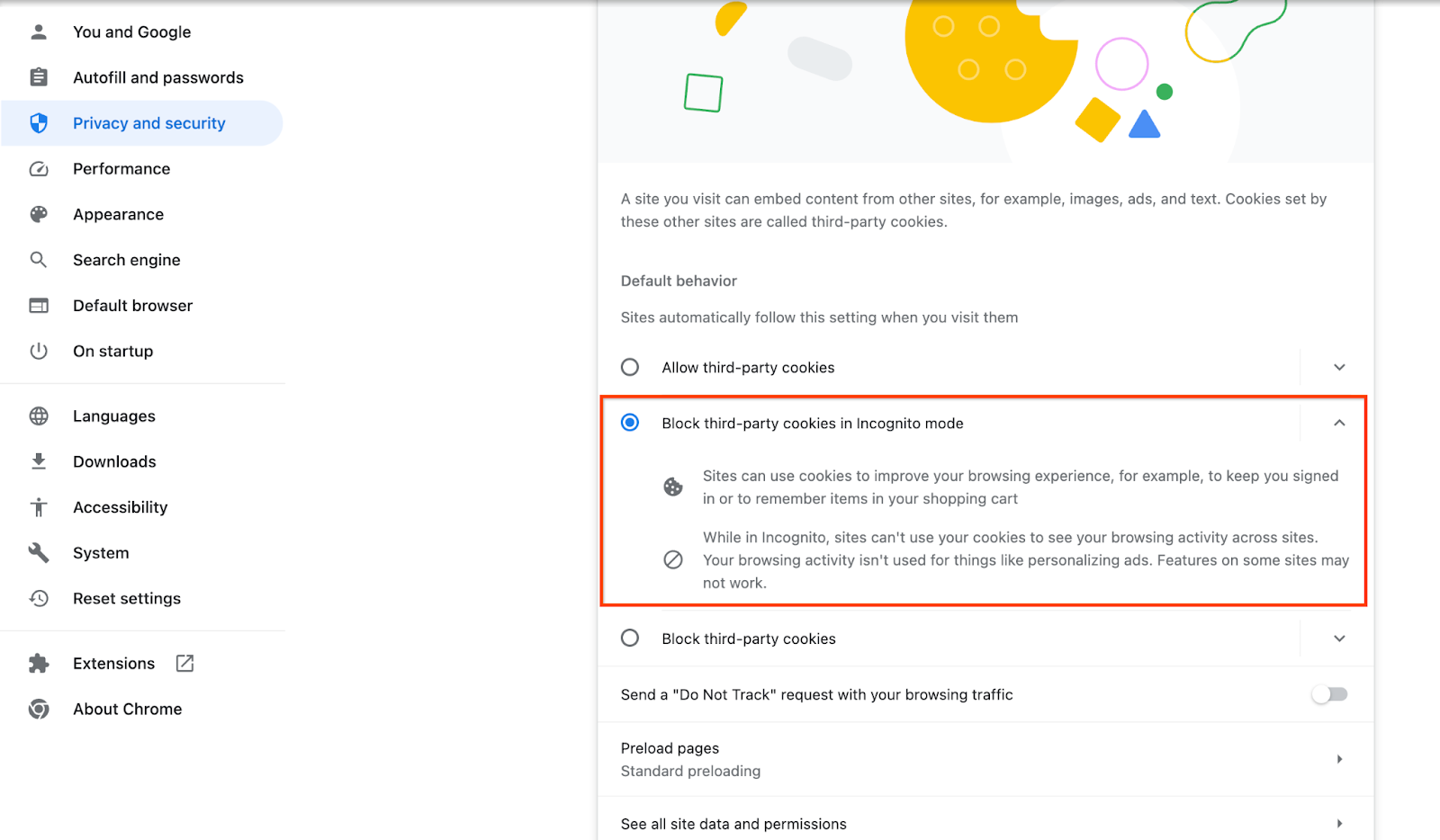 Setelan chrome cookie pihak ketiga.