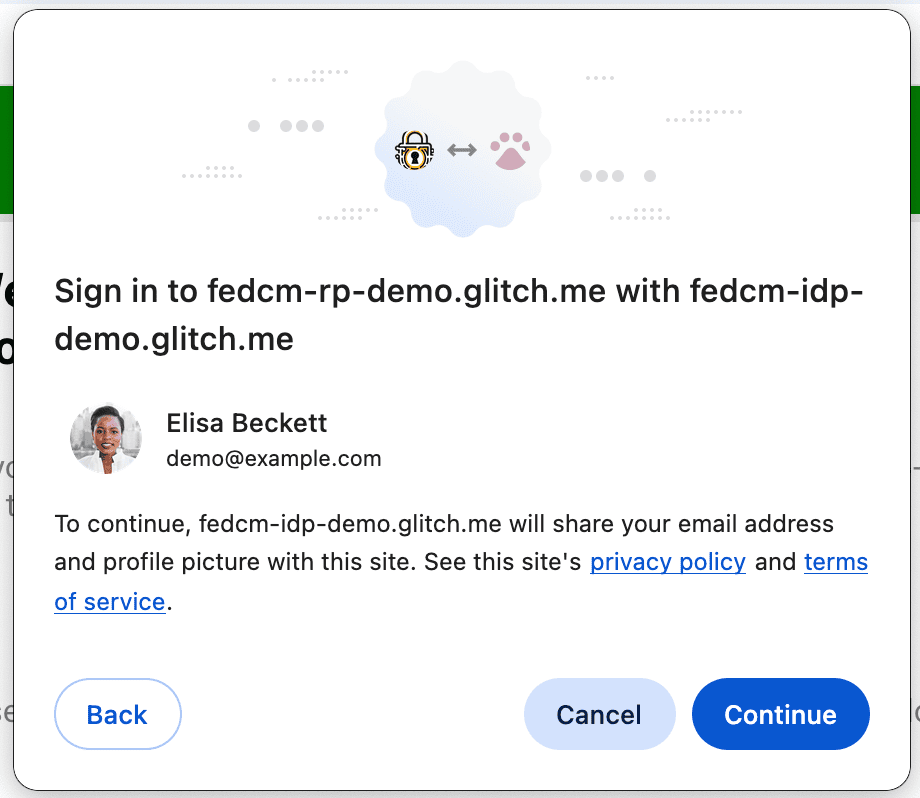 Boîte de dialogue du mode FedCM actif affichant un message d&#39;information. Pour continuer, le fournisseur d&#39;identité partagera l&#39;adresse e-mail et la photo de profil de l&#39;utilisateur avec le site Web.