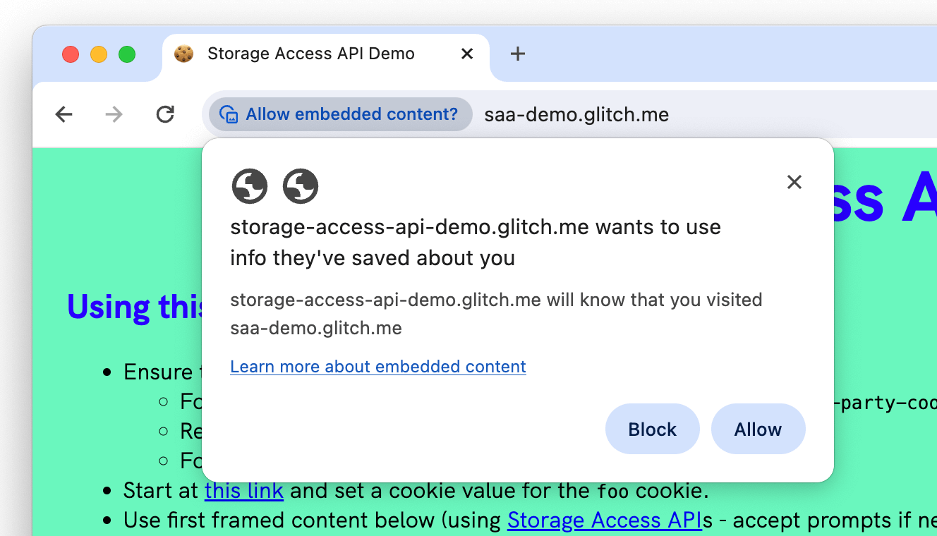 Chrome Storage Access API 權限提示。