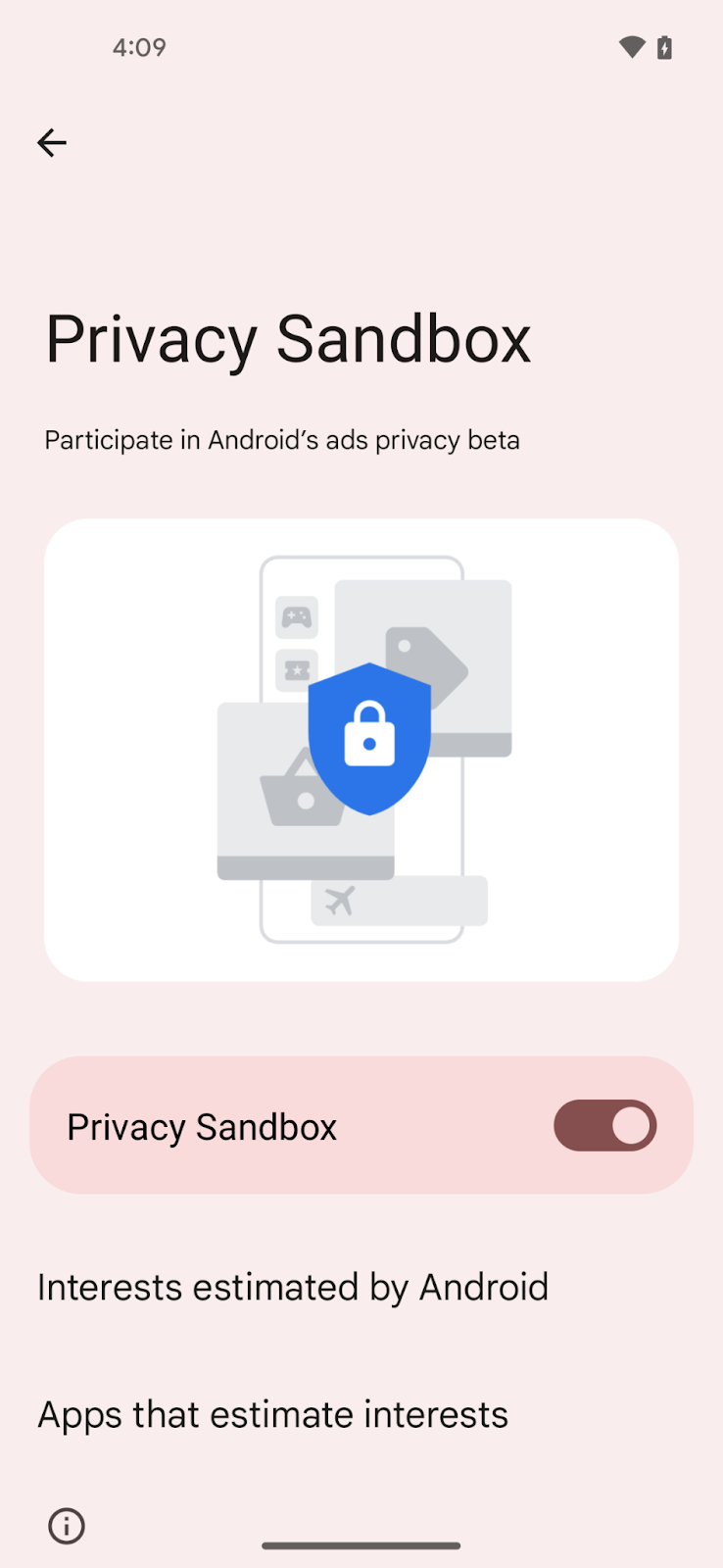 The Android page to toggle the Privacy Sandbox API beta on the device.