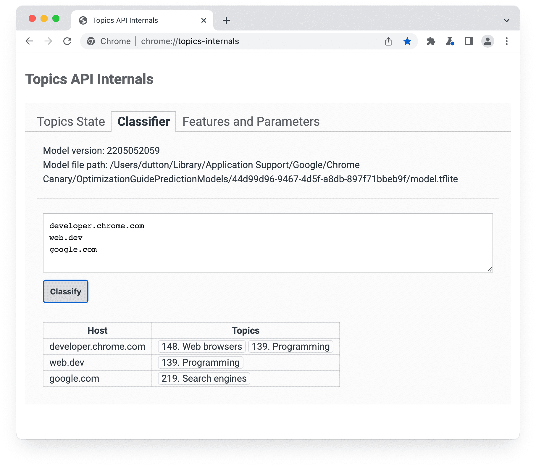 chrome://topics-internals पेज, जिसमें डेटा की कैटगरी तय करने वाले मॉडल का पैनल चुना गया है.
